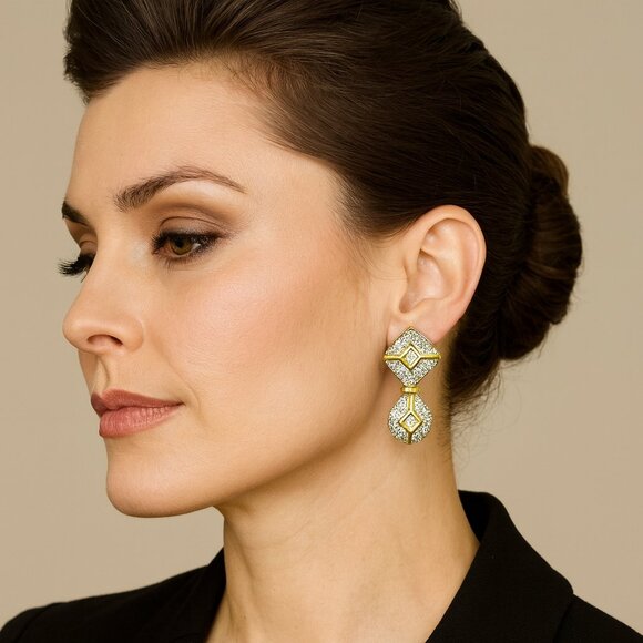 Swarovski Crystal Encrusted Gold Tone Dangle Statement Earrings - Picture 1 of 8